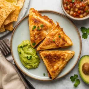 Plate of shrimp quesadillas with a side of avocado salsa.