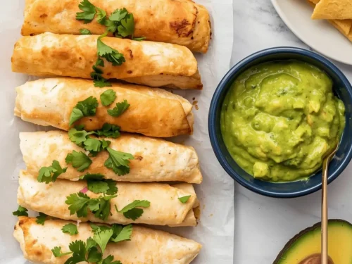 Plate of shrimp quesadillas with a side of avocado salsa.