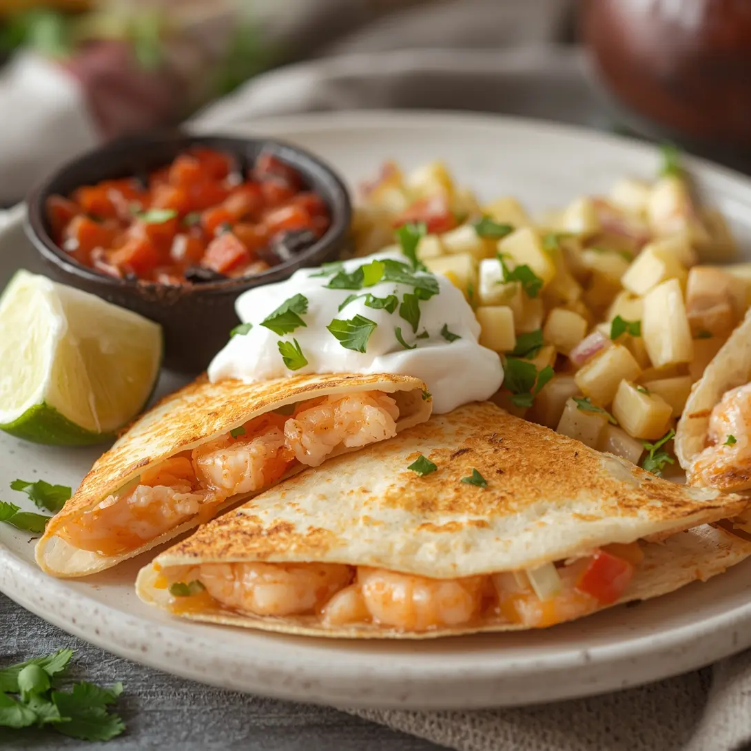 Plate of shrimp quesadillas with a side of avocado salsa.