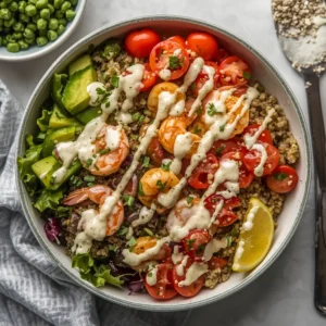 A vibrant shrimp quinoa bowl drizzled with lemon tahini dressing