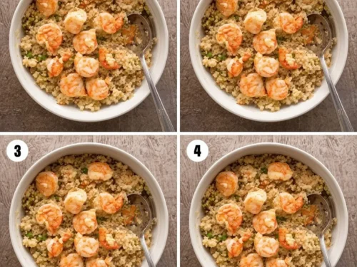 A vibrant shrimp quinoa bowl drizzled with lemon tahini dressing