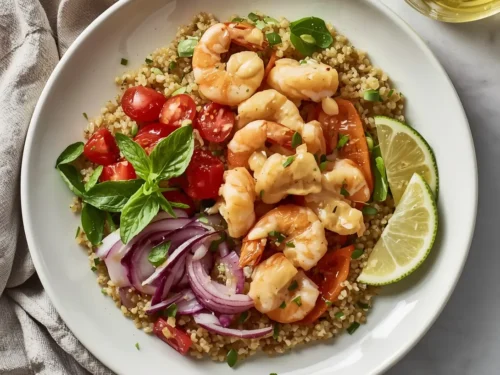 A vibrant shrimp quinoa bowl drizzled with lemon tahini dressing