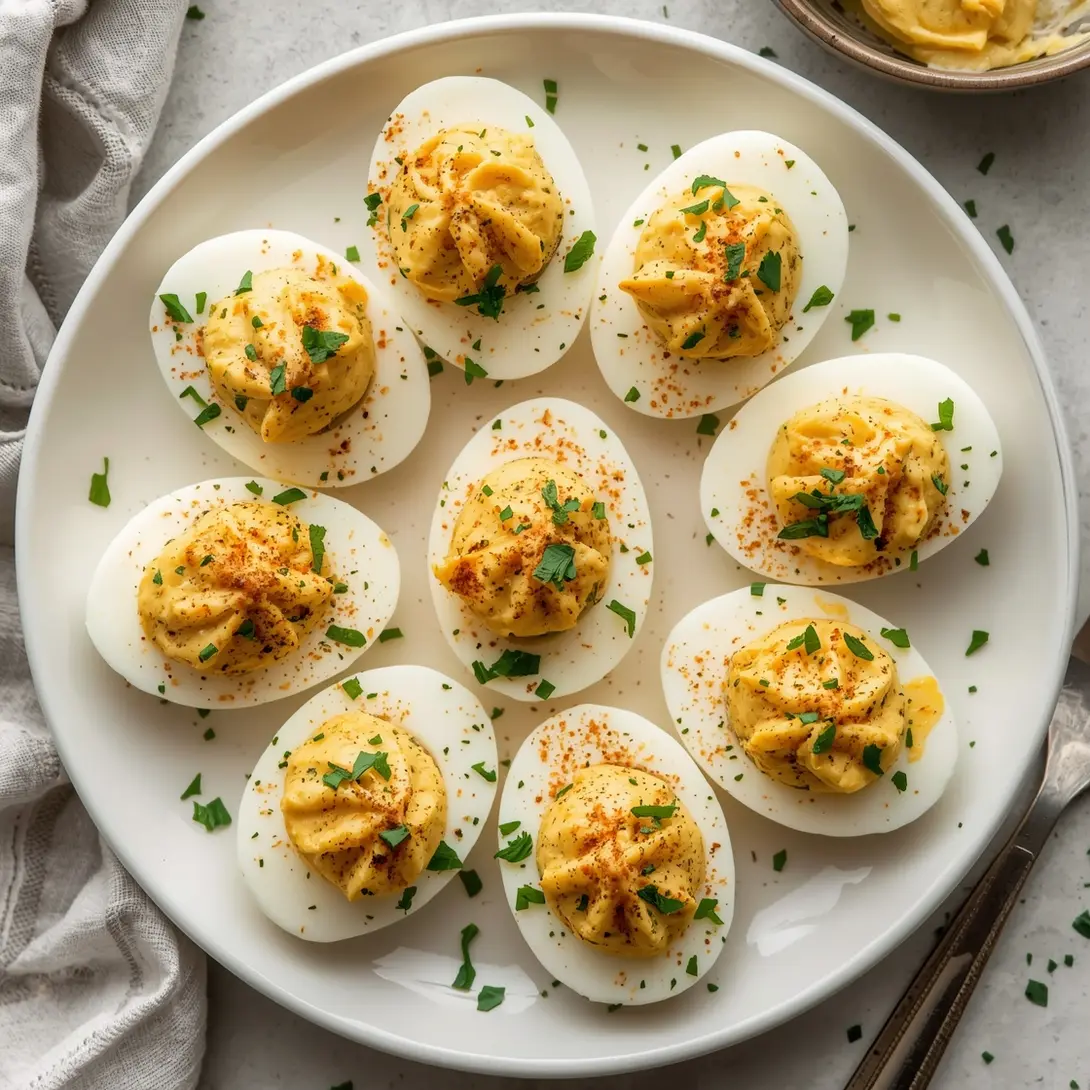 A platter of shrimp-stuffed deviled eggs, garnished with fresh dill.