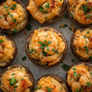 Close-up of shrimp-stuffed mushrooms garnished with fresh herbs