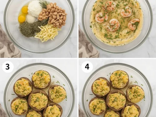 Close-up of shrimp-stuffed mushrooms garnished with fresh herbs