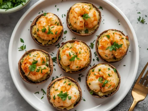 Close-up of shrimp-stuffed mushrooms garnished with fresh herbs