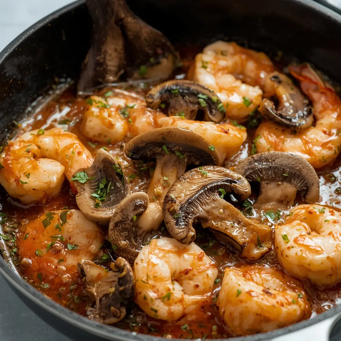 Close-up of shrimp-stuffed mushrooms garnished with fresh herbs