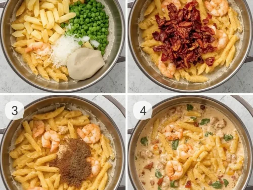 A vibrant bowl of Shrimp and Sun-Dried Tomato Penne pasta, garnished with fresh basil