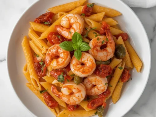A vibrant bowl of Shrimp and Sun-Dried Tomato Penne pasta, garnished with fresh basil