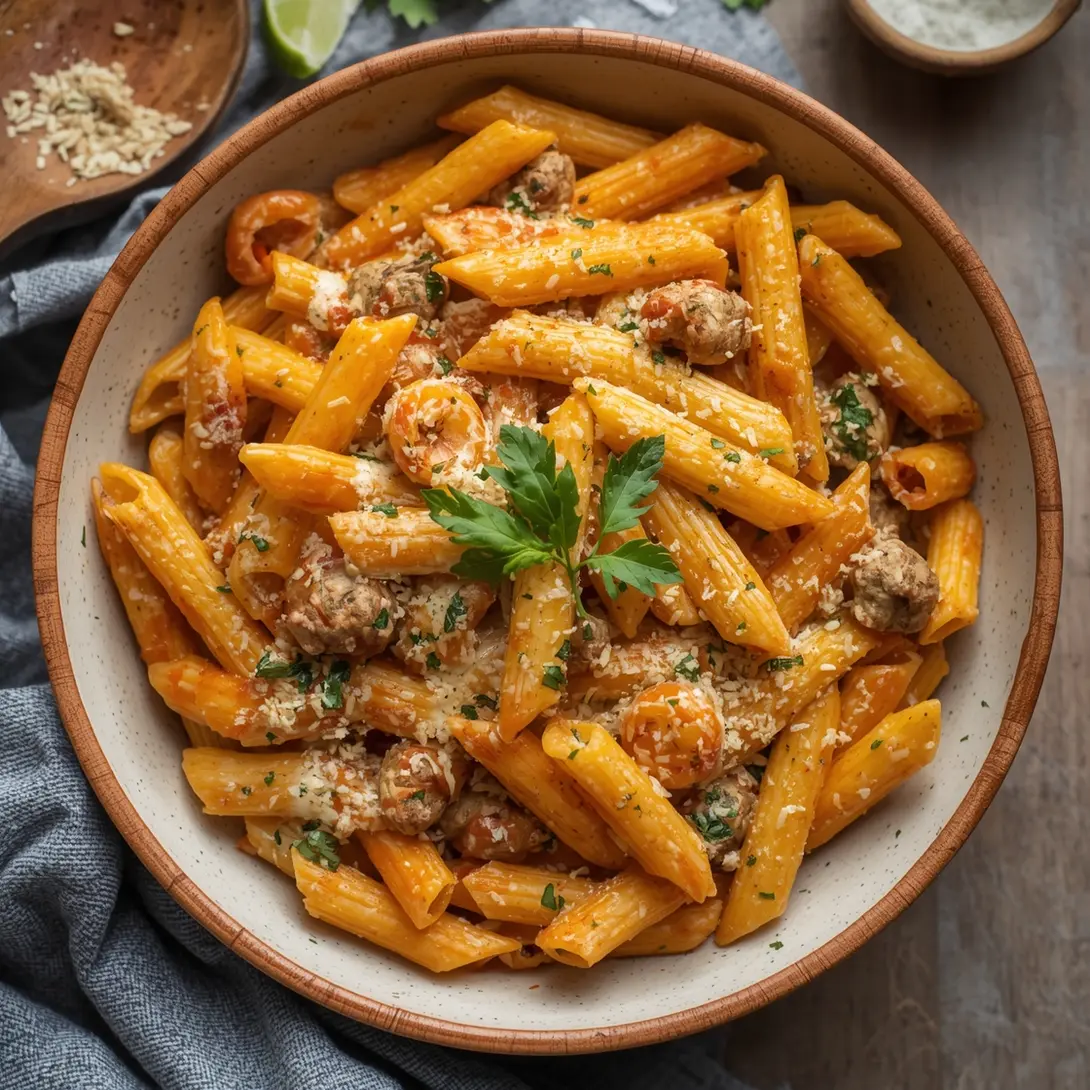 A vibrant bowl of Shrimp and Sun-Dried Tomato Penne pasta, garnished with fresh basil