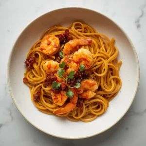 A vibrant dish of shrimp and sun-dried tomato penne, artfully plated.