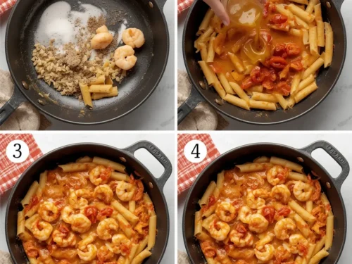 A vibrant dish of shrimp and sun-dried tomato penne, artfully plated.