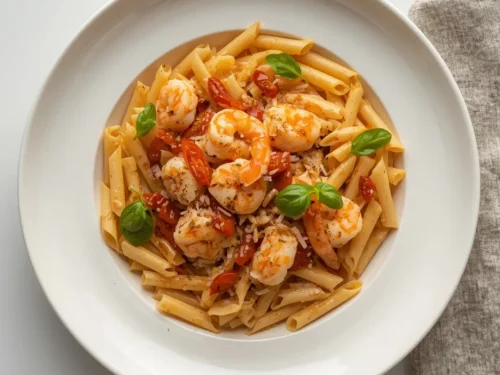 A vibrant dish of shrimp and sun-dried tomato penne, artfully plated.