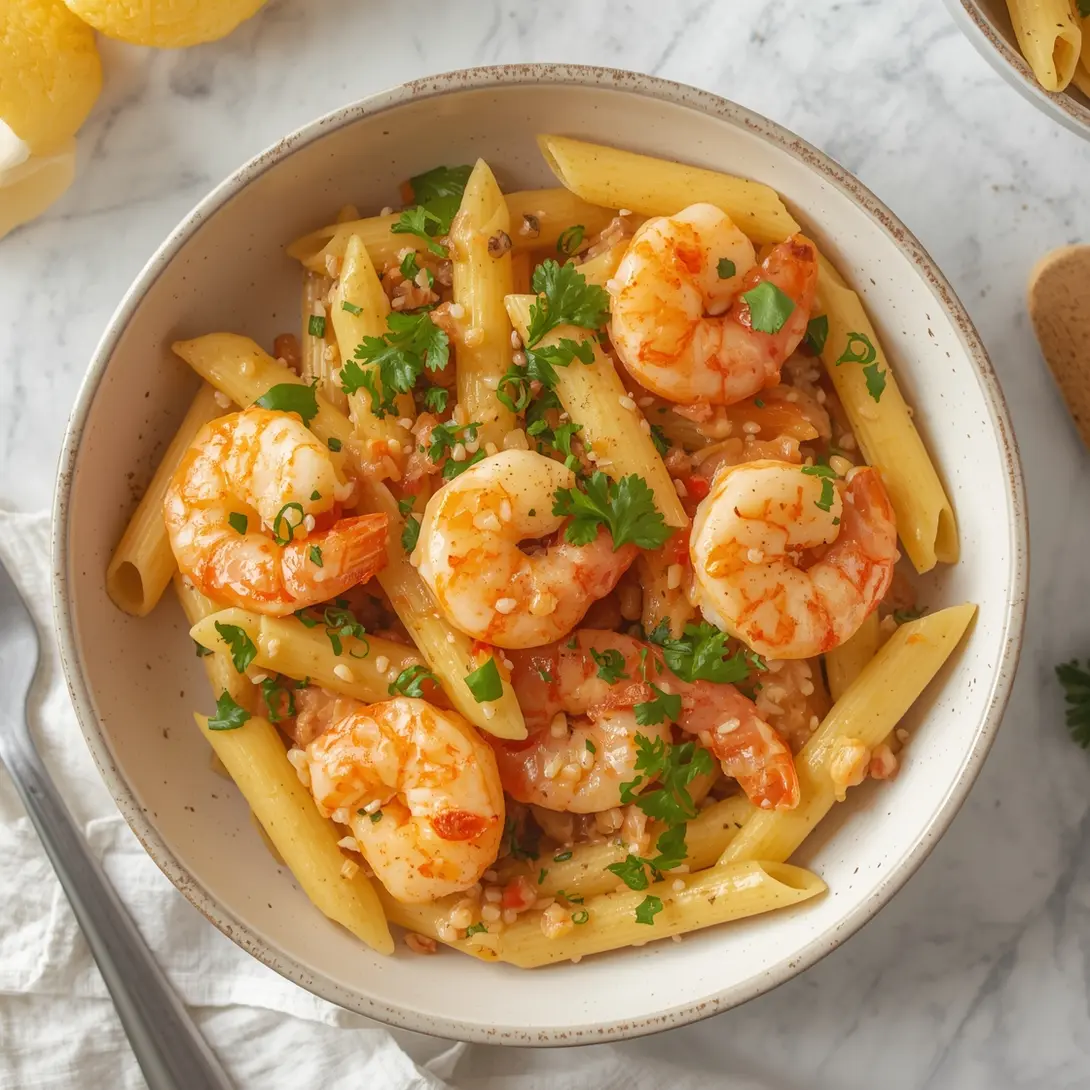 A vibrant dish of shrimp and sun-dried tomato penne, artfully plated.