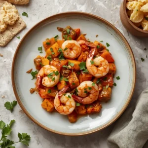 A colorful plate of shrimp and sweet potato hash with herbs.