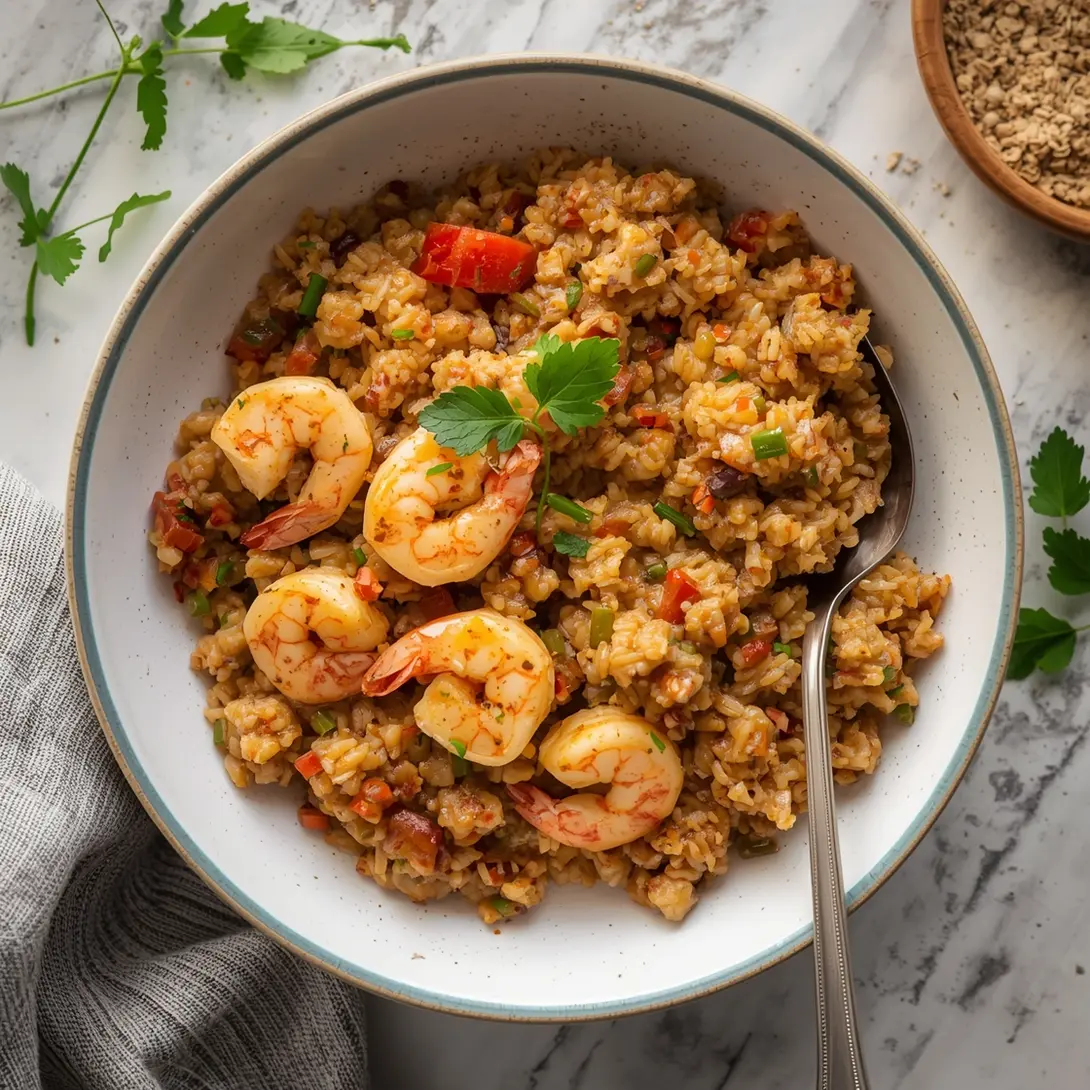 A colorful plate of shrimp and sweet potato hash with herbs.