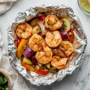 Shrimp and veggie foil packets filled with colorful ingredients