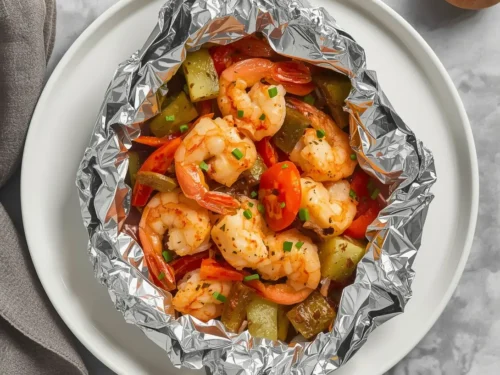 Shrimp and veggie foil packets filled with colorful ingredients