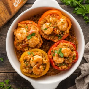 Shrimp and wild rice stuffed peppers, generously filled and baked to perfection.