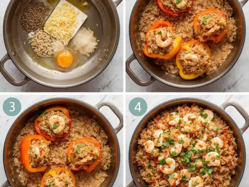 Shrimp and wild rice stuffed peppers, generously filled and baked to perfection.