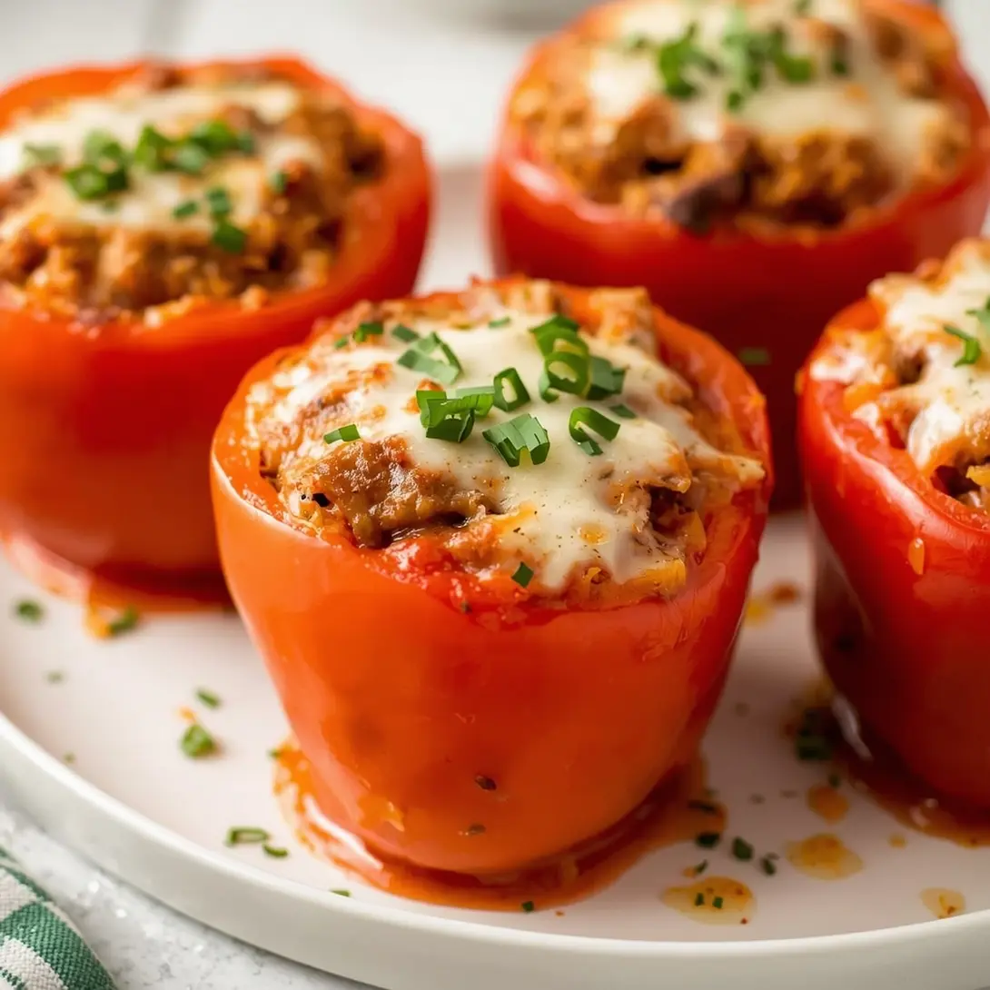Shrimp and wild rice stuffed peppers, generously filled and baked to perfection.