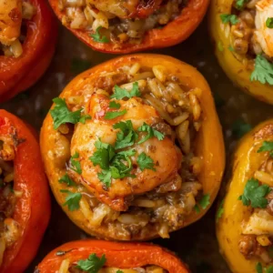 Close-up of baked Shrimp and Wild Rice Stuffed Peppers