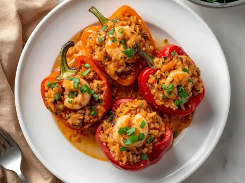 Close-up of baked Shrimp and Wild Rice Stuffed Peppers