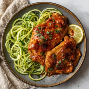 A plate of skinny BBQ chicken with zoodles, garnished with fresh herbs