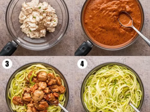 A plate of skinny BBQ chicken with zoodles, garnished with fresh herbs