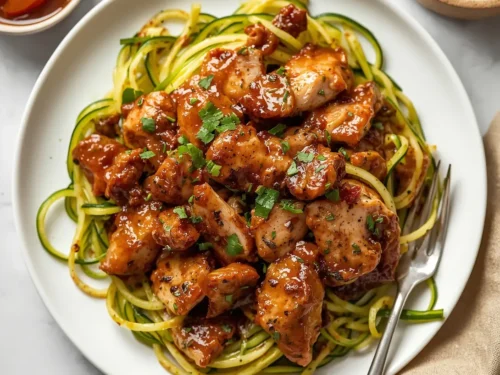A plate of skinny BBQ chicken with zoodles, garnished with fresh herbs
