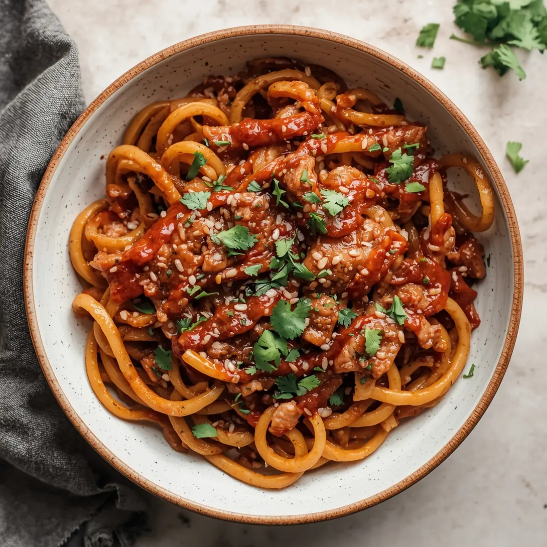 A plate of skinny BBQ chicken with zoodles, garnished with fresh herbs