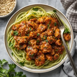 Plate of skinny BBQ chicken with zoodles
