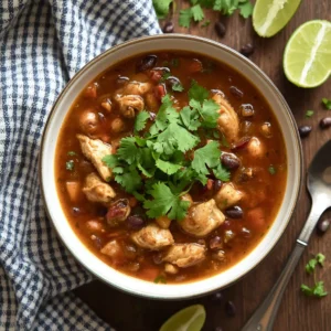 A steaming bowl of slow cooker chicken and black bean soup garnished with cilantro and lime wedges on a wooden table.