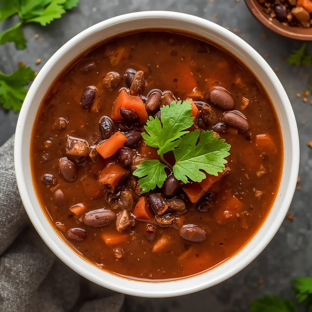 A steaming bowl of slow cooker chicken and black bean soup garnished with cilantro and lime wedges on a wooden table.