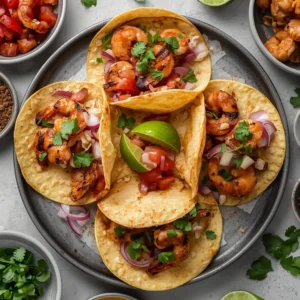 A platter of spicy grilled shrimp tacos with fresh toppings