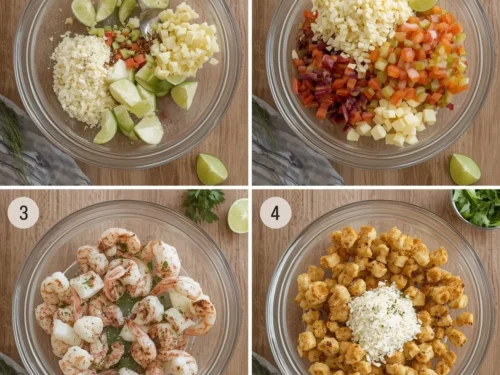 A platter of spicy grilled shrimp tacos with fresh toppings