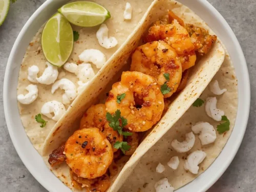 A platter of spicy grilled shrimp tacos with fresh toppings