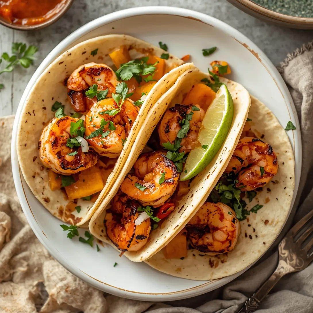 A platter of spicy grilled shrimp tacos with fresh toppings