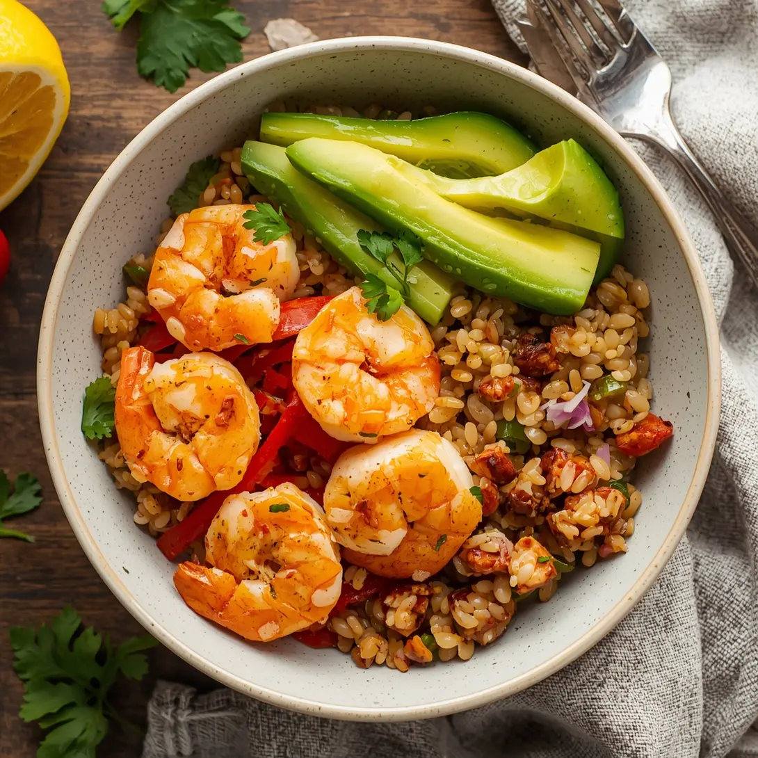A vibrant spicy shrimp grain bowl topped with creamy avocado slices.
