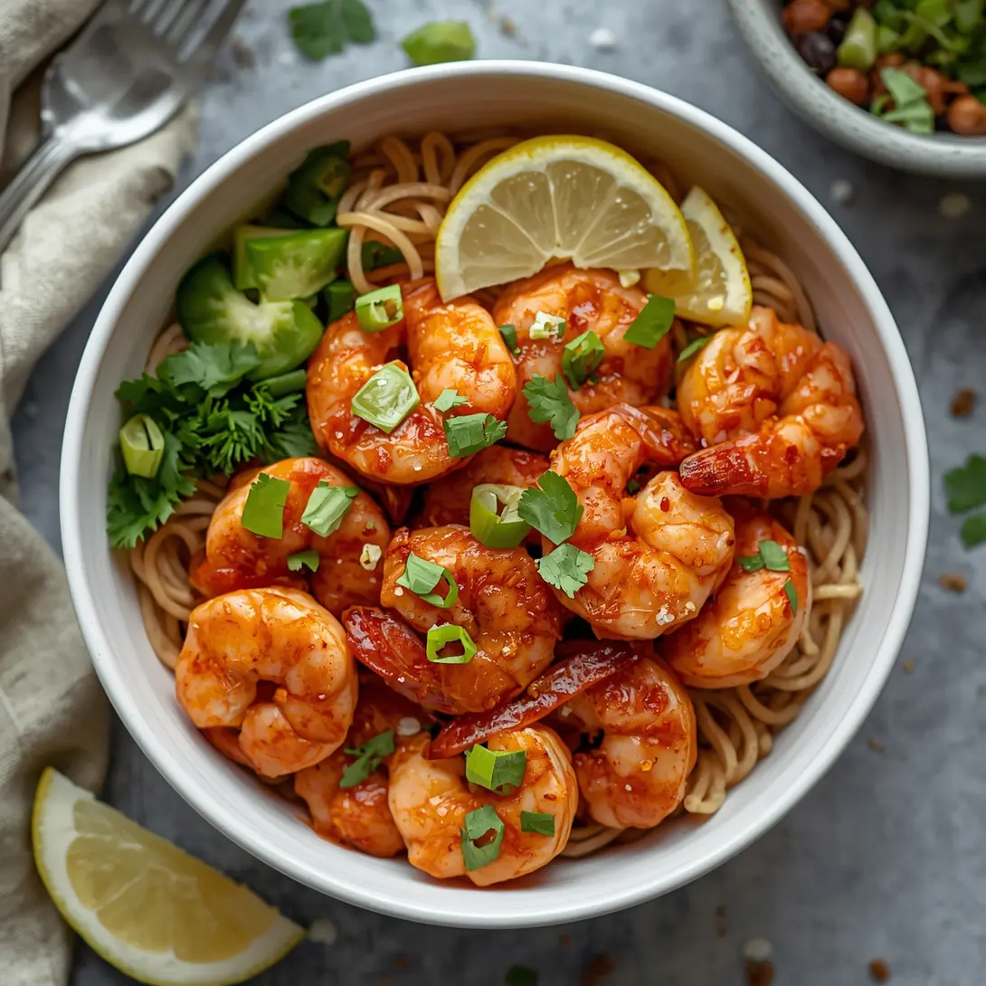 A fresh spicy shrimp grain bowl topped with creamy avocado slices.