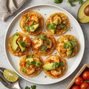 A plate of mini shrimp tostadas garnished with avocado and cilantro.