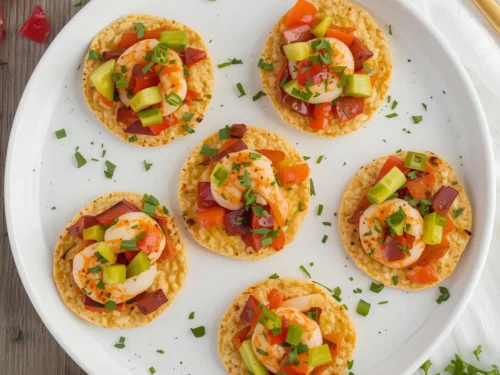 A plate of mini shrimp tostadas garnished with avocado and cilantro.