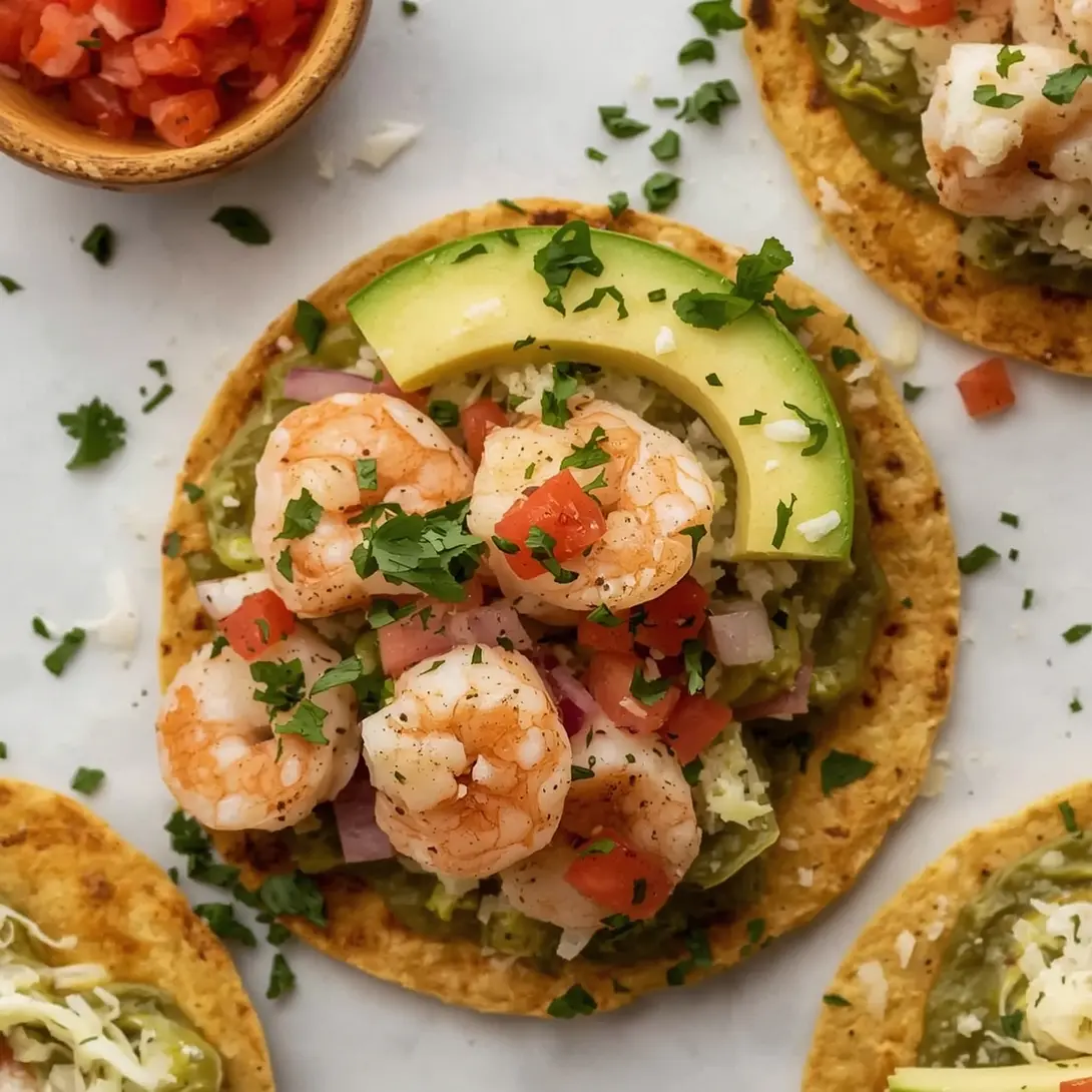 A plate of mini shrimp tostadas garnished with avocado and cilantro.