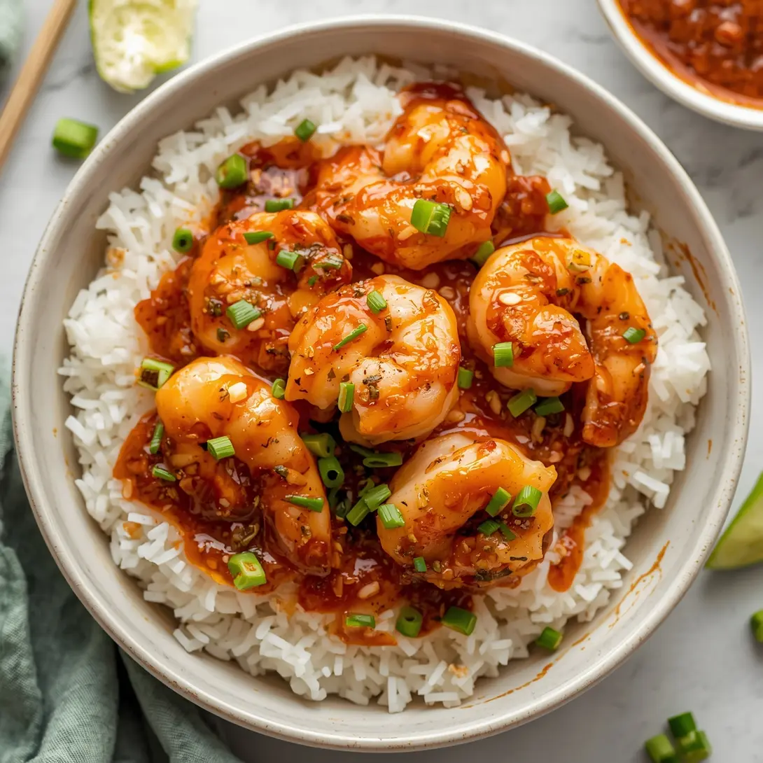 A vibrant teriyaki shrimp and rice power bowl with colorful vegetables.