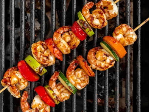 Grilled teriyaki shrimp and veggie kebabs with colorful bell peppers