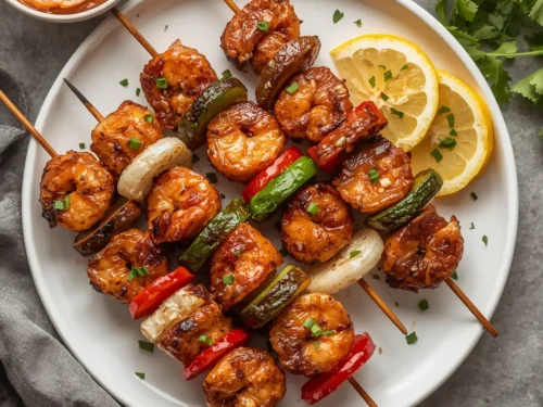 Grilled teriyaki shrimp and veggie kebabs with colorful bell peppers