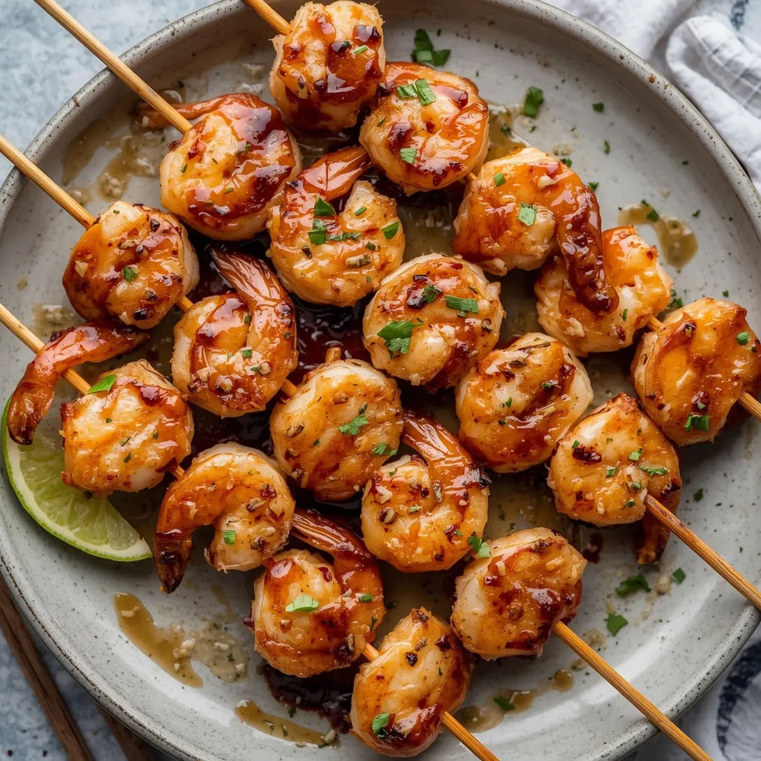 Grilled teriyaki shrimp and veggie kebabs with colorful bell peppers