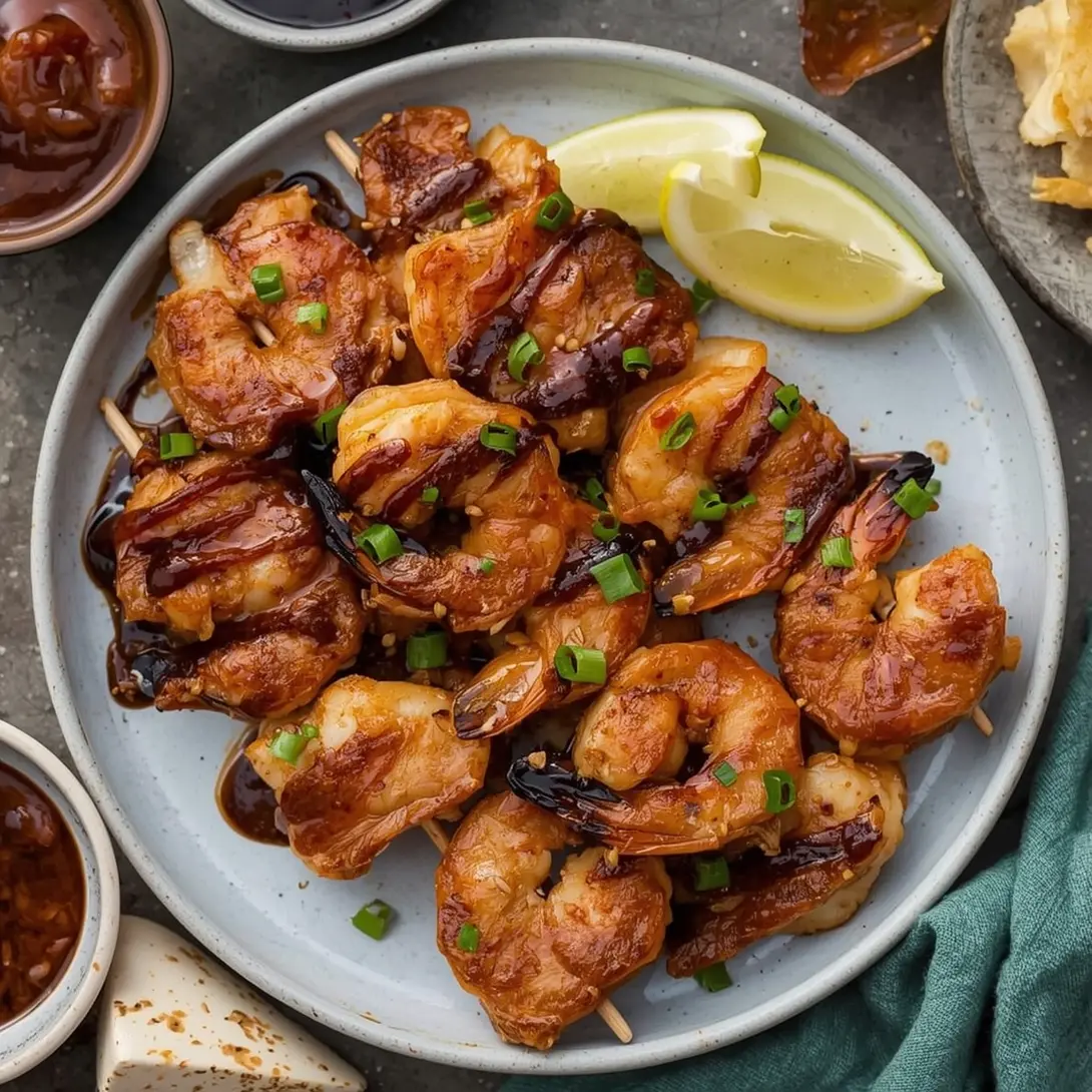 Grilled teriyaki shrimp and colorful veggie kebabs on a platter