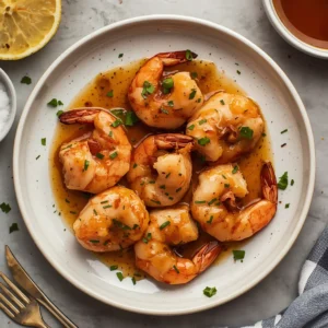A serving of turkey-wrapped shrimp with a glossy brown sugar glaze on a plate.