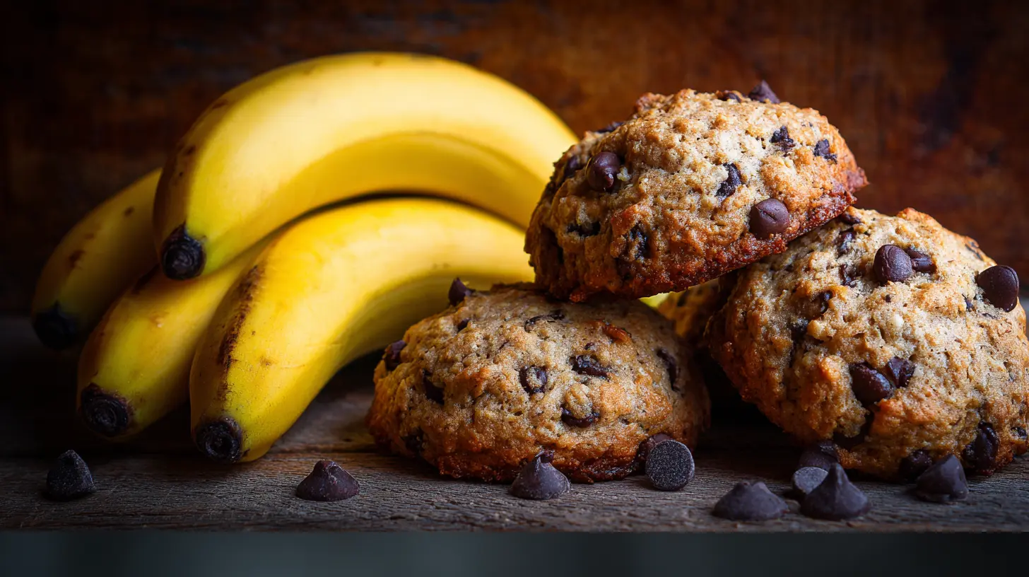 Freshly baked banana bread chocolate chip cookies stacked on a cooling rack.